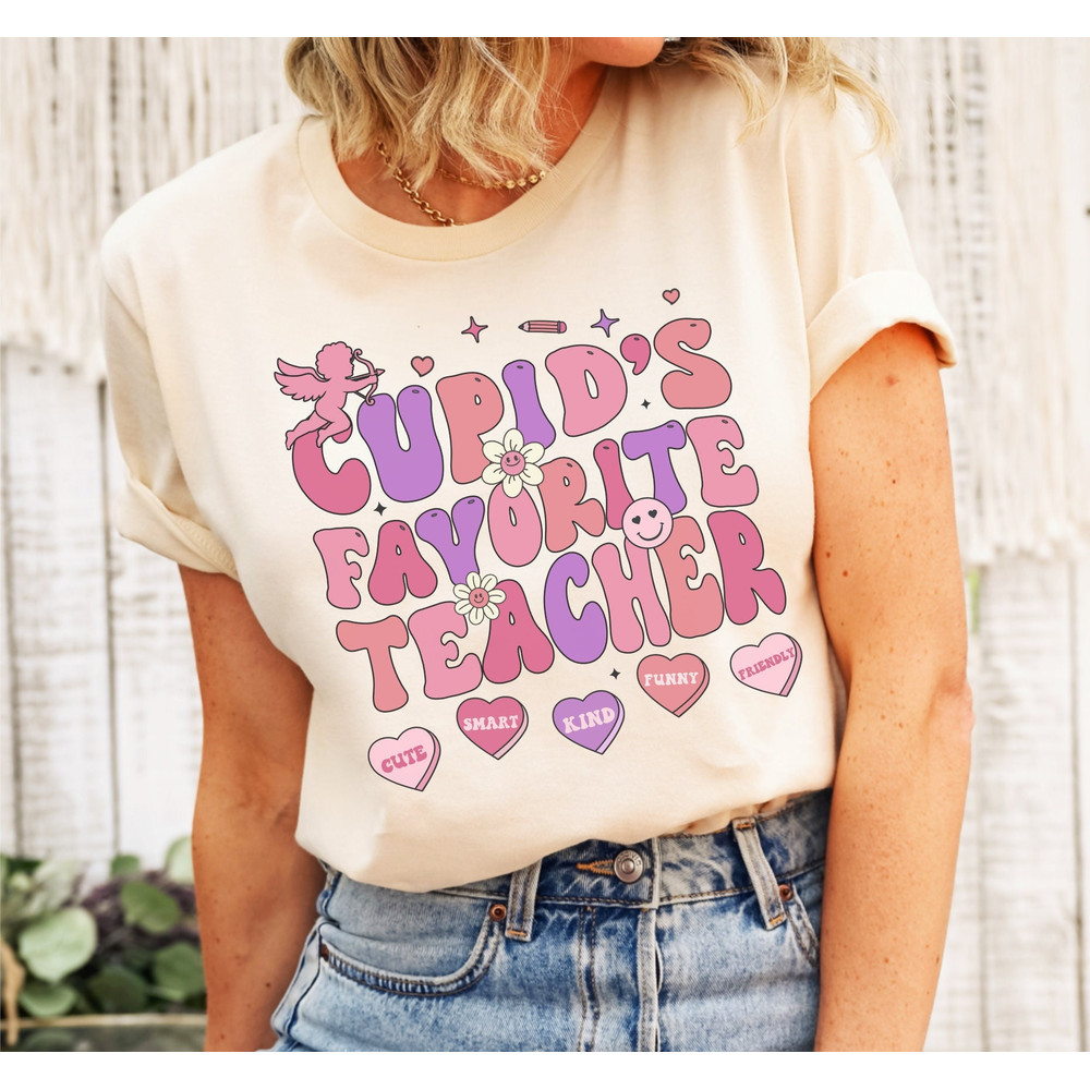 Cupid's Favorite Teacher Shirt, Groovy Student Valentines Day Tee, Retro Candy Heart Classroom Shirt, Trendy ESL Educator Life Matching Gift.jpg