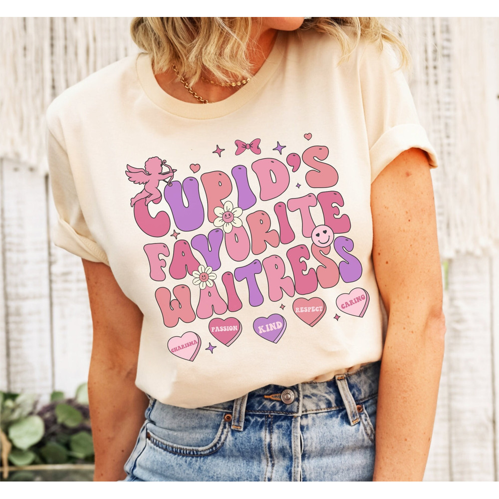 Cupid's Favorite Waitress Shirt, Groovy Brunch Restaurant Valentines Day Tee, Retro Candy Heart Shirt, Trendy Bartender Staff Matching Gift.jpg