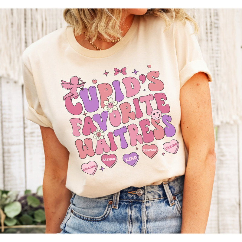 Cupid's Favorite Waitress Shirt, Groovy Brunch Restaurant Valentines Day Tee, Retro Candy Heart Shirt, Trendy Bartender Staff Matching Gift.jpg