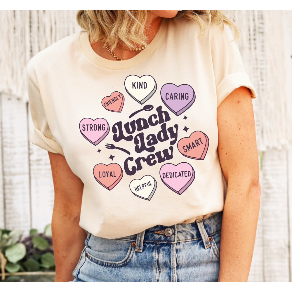 Groovy Lunch Lady Valentines Day Tee, Retro Candy Heart Crew TShirt, Cafeteria Squad Shirt, School Staff Matching Shirt, Retired Worker Gift.jpg