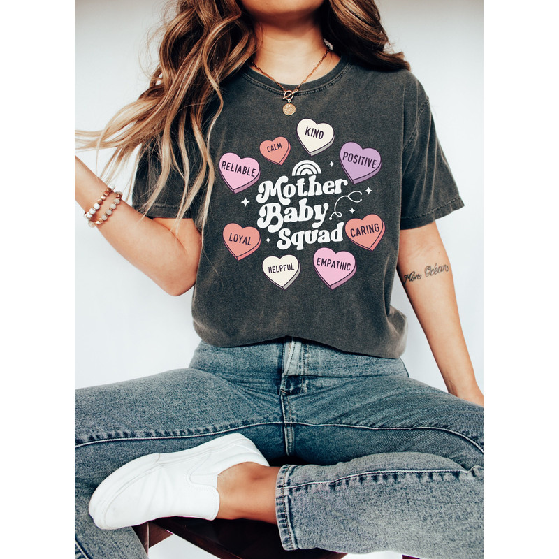 Mother Baby Nurse Valentine Shirt, Groovy OB Post Partum Newborn Tee, Retro Registered Nursing Mom Tee, Candy Hearts Obgyn, Midwife Y2K Gift.jpg
