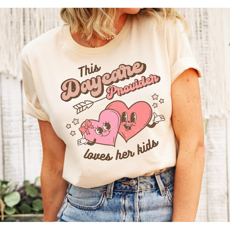 This Daycare Provider Loves Her Kids Shirt, Retro Teacher Valentine Tee, SPED Assistant Educator Hearts Tee, Boho Cupid Cute Nanny Gift.jpg