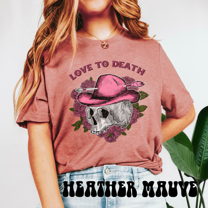 Love To Death Valentine Western Skeleton Shirt, Disco Cowgirl Valentines Day Tee, Cute Western Valentines Shirt, Retro Valentines Crewneck.jpg