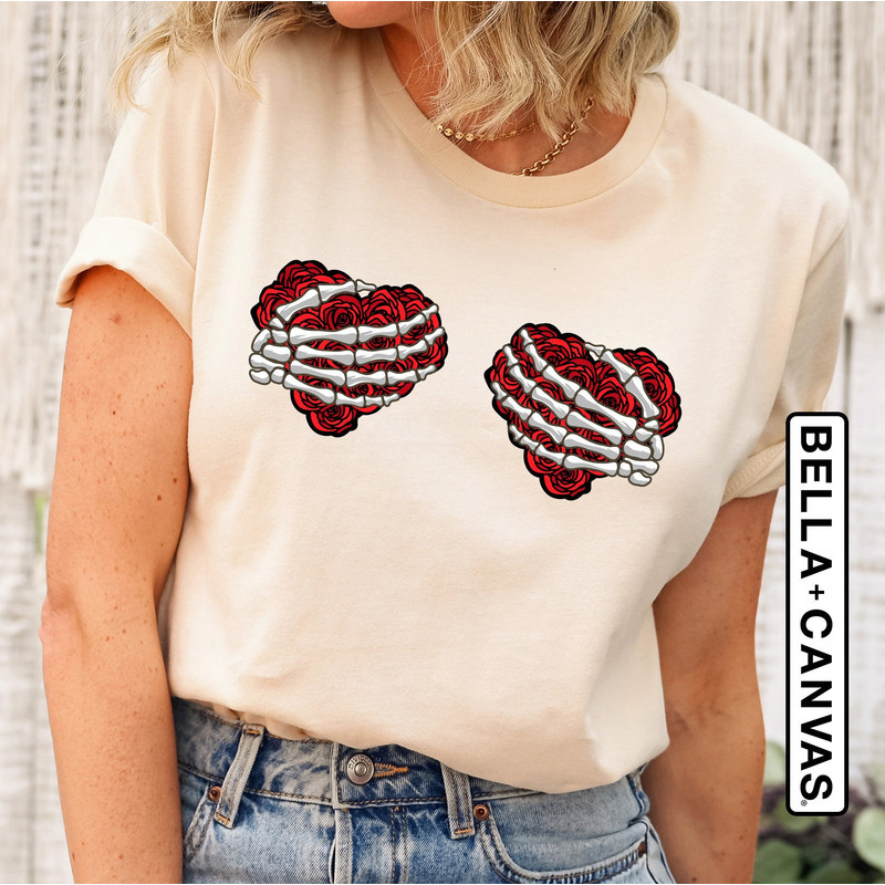 Valentine Skeleton Hands T-Shirt, Skeleton Heart Shirt, Funny Valentine Gift for Her, Spooky Valentine, Cute Skull Heart Tee, Retro Love Tee.jpg
