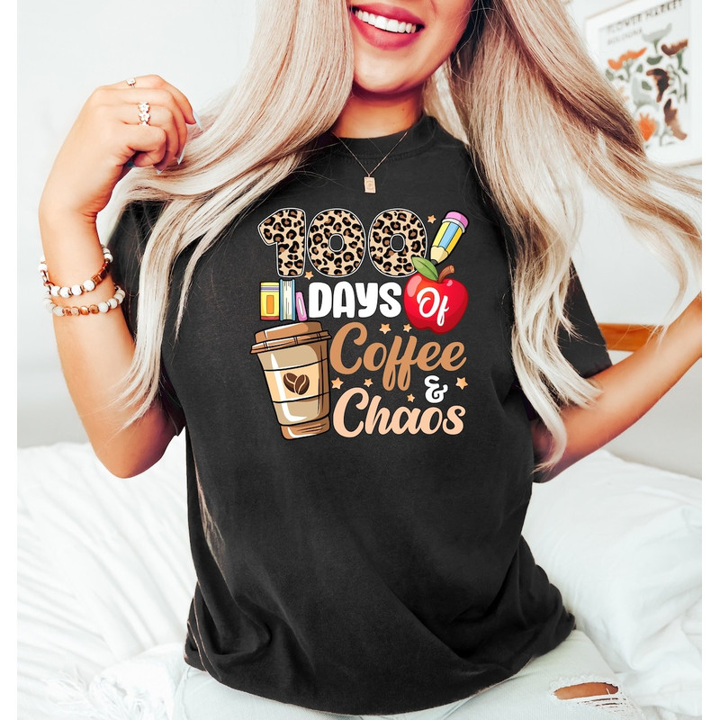 100 Days Of Coffee And Chaos Shirt, 100th Day Of School Leopard Teacher Shirt, Gift for Teachers, Back to School Shirt.jpg