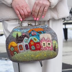 purse with houses, felt bag, handbag designer