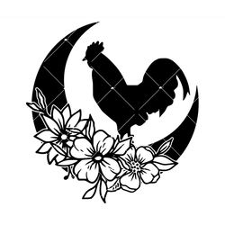 rooster on crescent moon svg, rooster flower svg, rooster