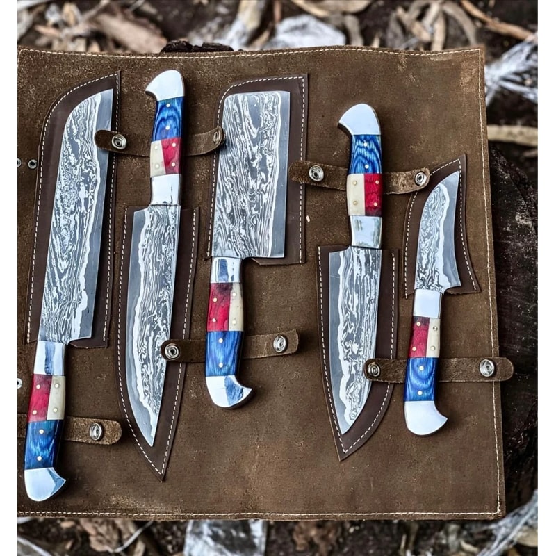 Handmade Damascus Chef Knife Set With American Flag Handles Premium Kitchen Cutlery 2