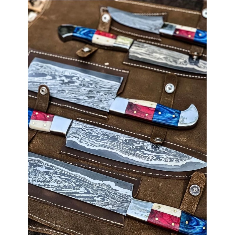 Handmade Damascus Chef Knife Set With American Flag Handles Premium Kitchen Cutlery 3