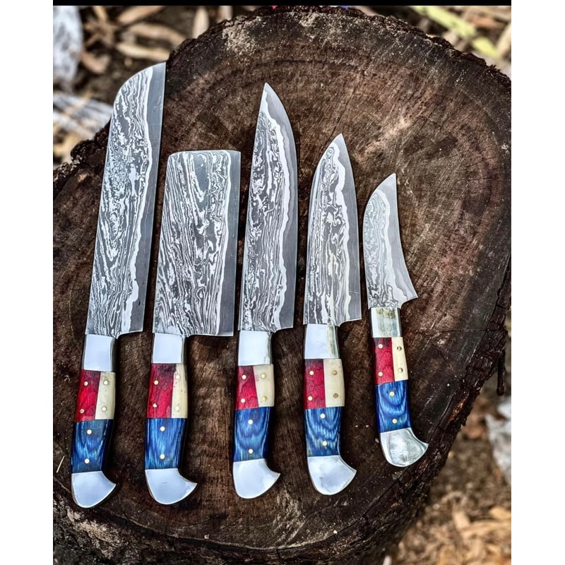 Handmade Damascus Chef Knife Set With American Flag Handles Premium Kitchen Cutlery 4