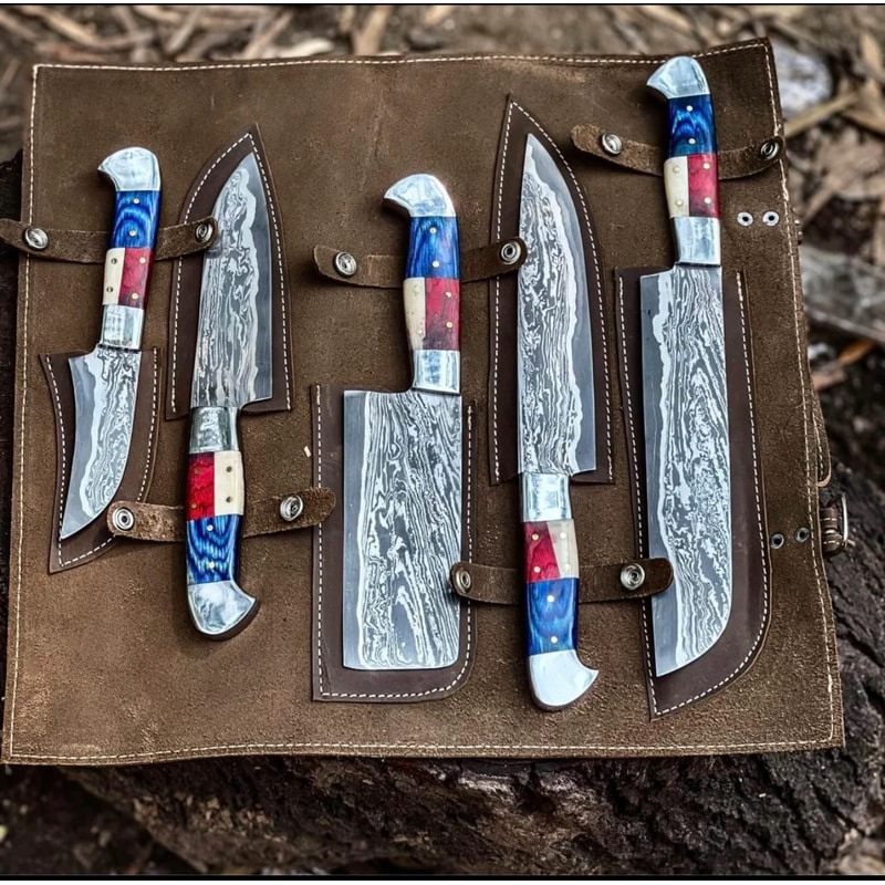 Handmade Damascus Chef Knife Set With American Flag Handles Premium Kitchen Cutlery 6