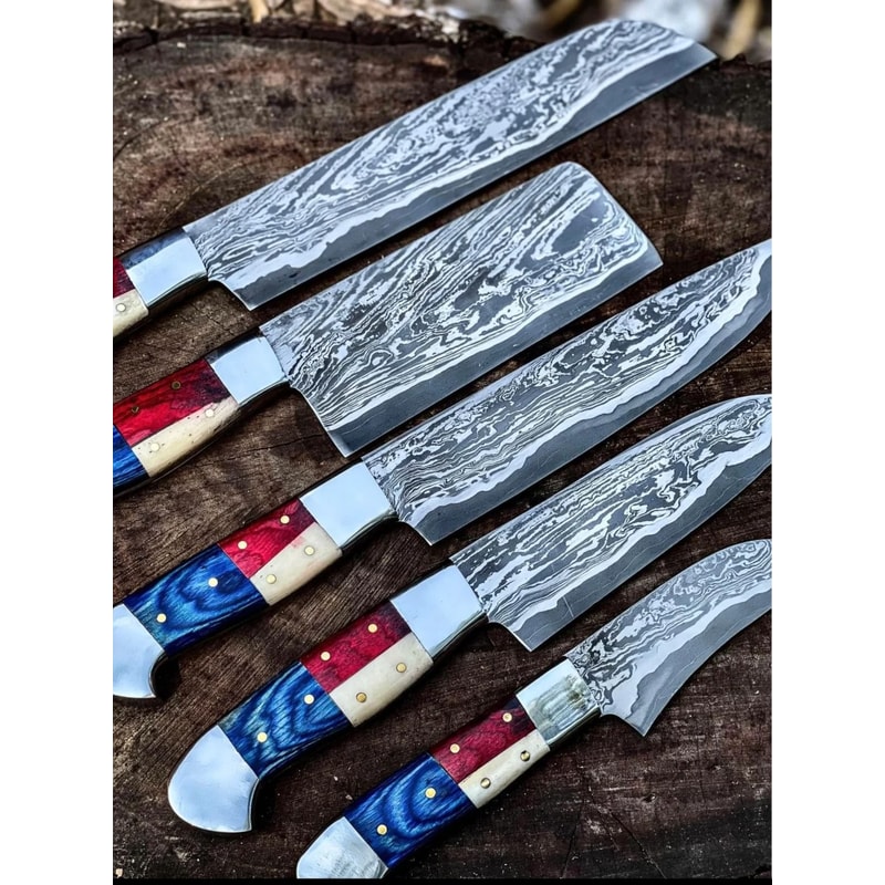 Handmade Damascus Chef Knife Set With American Flag Handles Premium Kitchen Cutlery 8