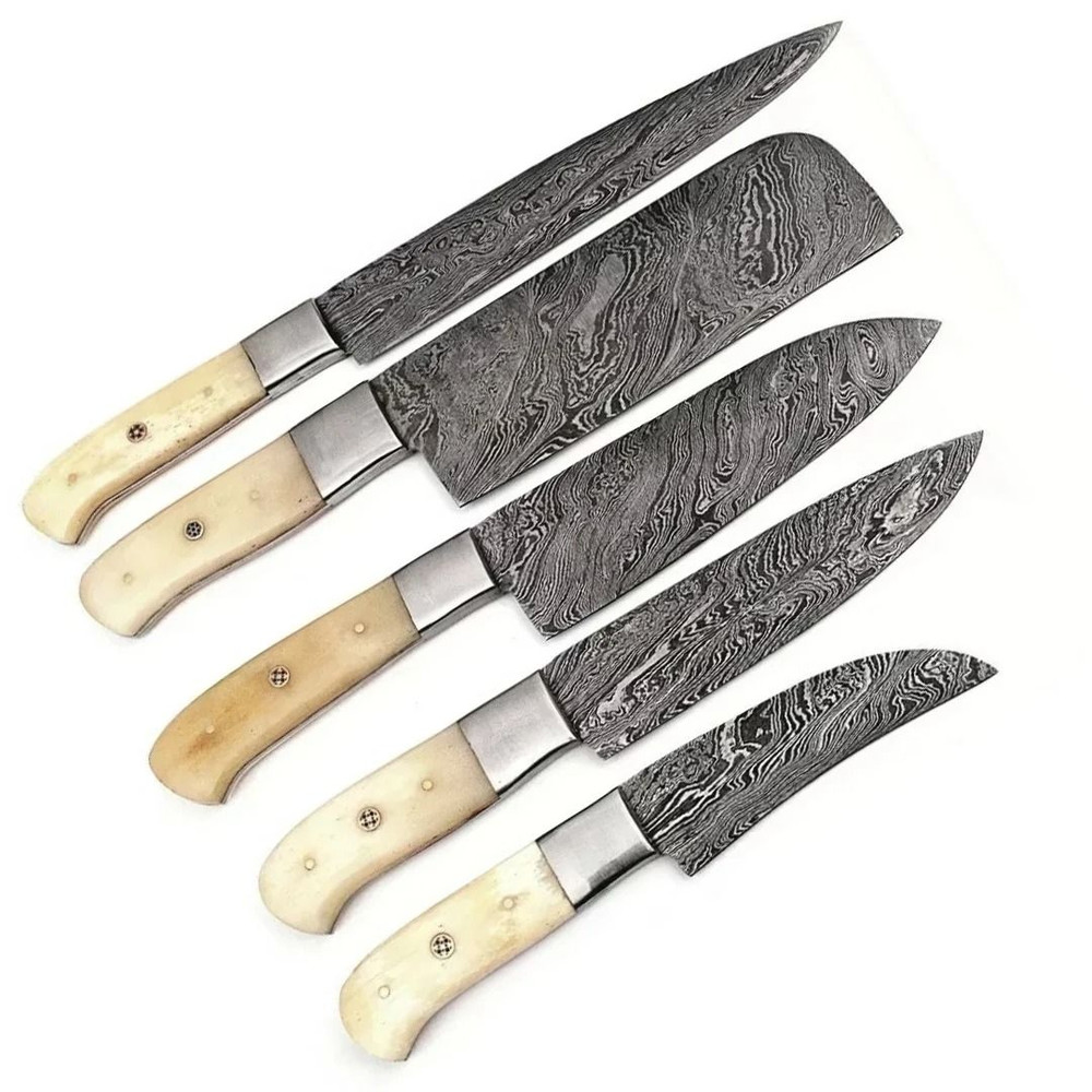 Premium Damascus Kitchen Knife Set  5 Custom Handmade Chef Knives With Elegant Bone Handles 0