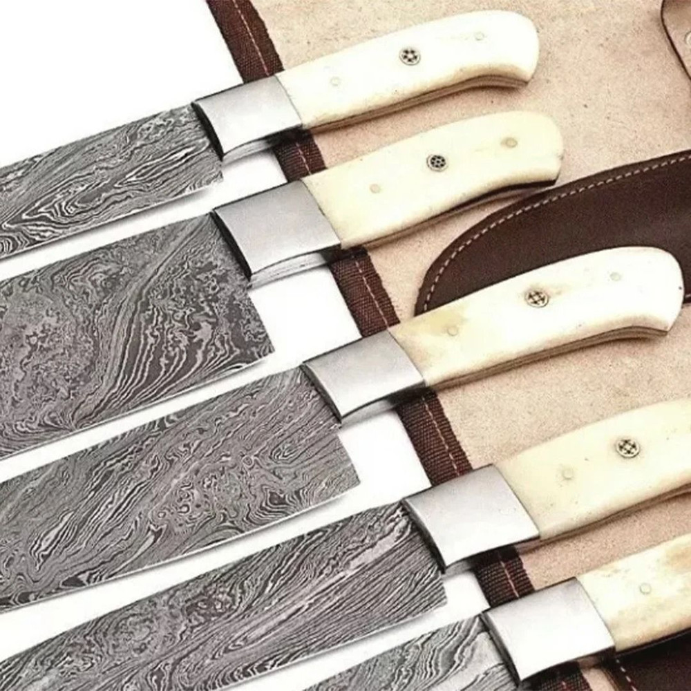 Premium Damascus Kitchen Knife Set  5 Custom Handmade Chef Knives With Elegant Bone Handles 2