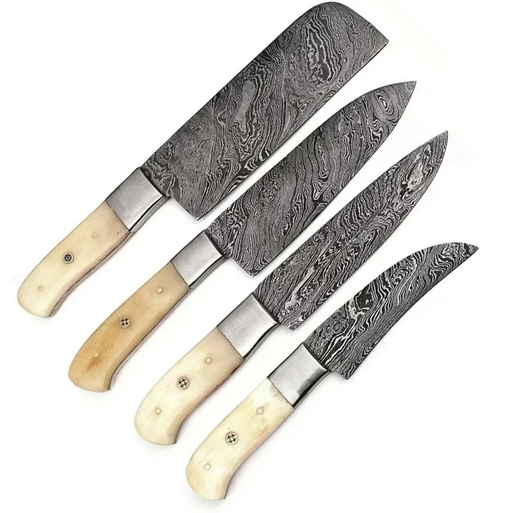 Premium Damascus Kitchen Knife Set  5 Custom Handmade Chef Knives With Elegant Bone Handles 1