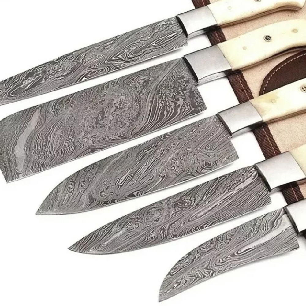 Premium Damascus Kitchen Knife Set  5 Custom Handmade Chef Knives With Elegant Bone Handles 3
