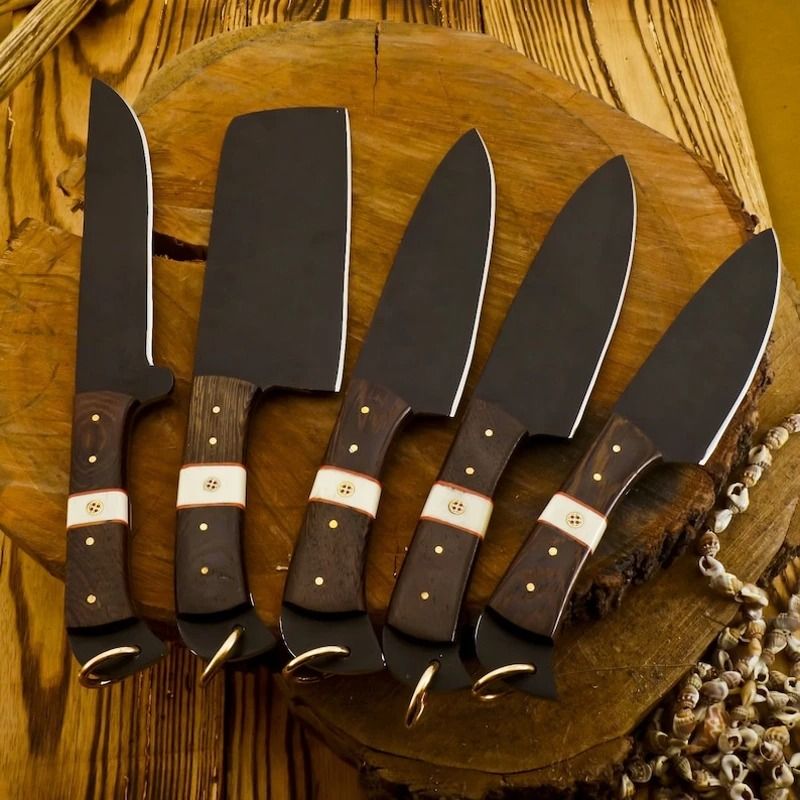 HandForged Damascus Steel Kitchen Knife Set  5Piece Professional Chef Collection With Leather Sheat 0