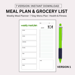 Weekly Meal Planner with Grocery List Printable Template, 7 Day Menu Plan Food Planner, Health & Fitness