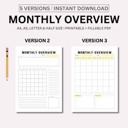 Monthly Overview Printable Landscape, Monthly Planner, Year At a Glance, Annual Planner, Minimalist Planner, A4 & A5,