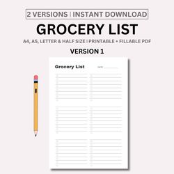 Grocery List Printable Template, Grocery Planner, Food Shopping List, A4/A5