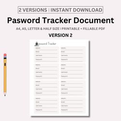 Password Tracker Printable & Fillable, Password Keeper, Password Organizer