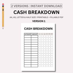 Printable Cash Breakdown Sheet PDF, Money Breakdown Form by Denomination, Bank Teller Sheet for Cash Envelopes/Stuffing