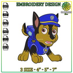 Embroidery Design Chase paw patrol, Paw patrol Clipart, Cartoon Paw Embroidery Design, Dog Patrol PNG.