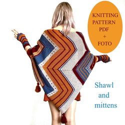 Simple Pattern Shawl and Mittens Knitted in a Boho Style for Beginners - PDF Instructions and Step by Step Description