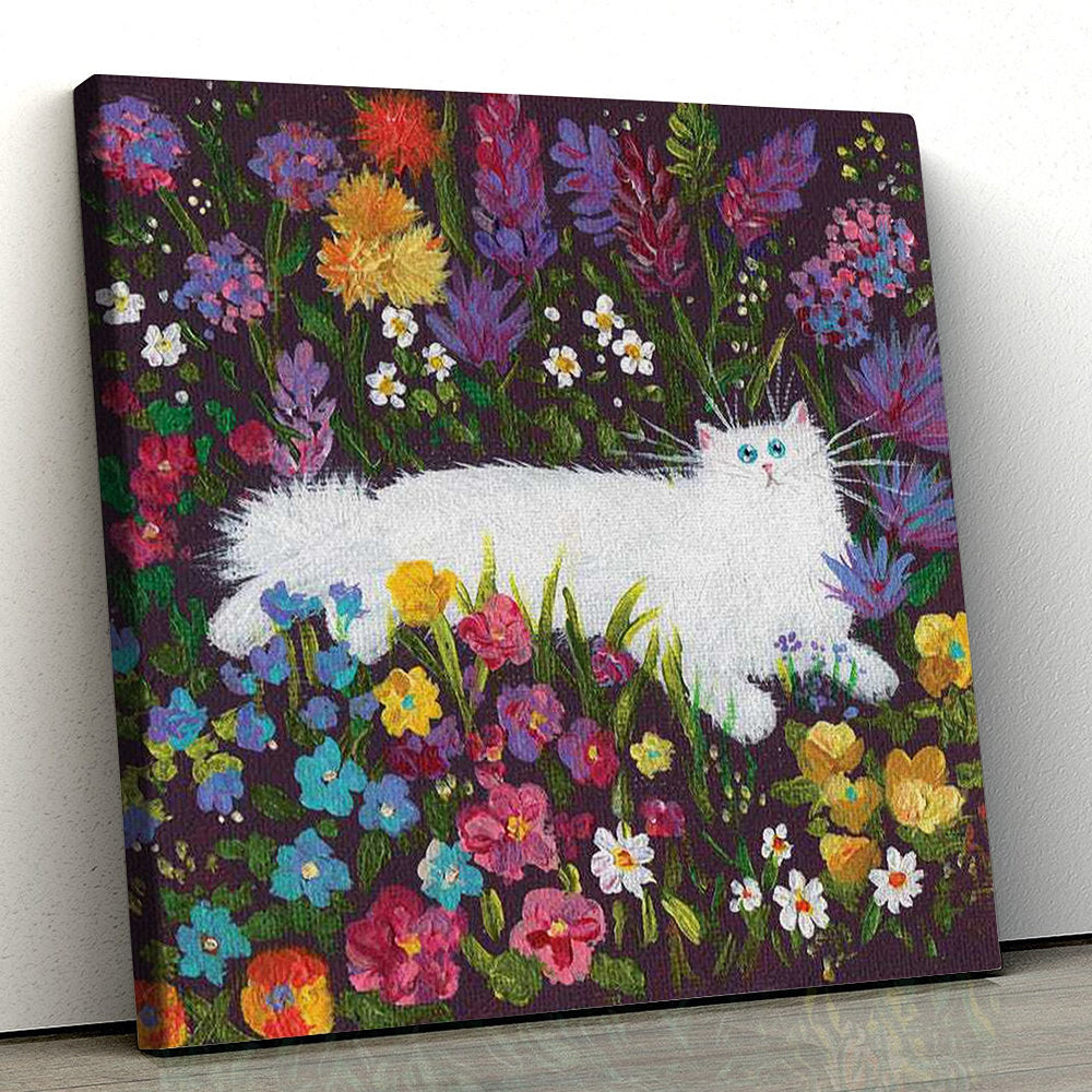 Cat Square Canvas - White Cat In Flowers - Canvas Print - Cat Canvas - Cats Canvas Print - Cat Wall Art Canvas - Furlidays.jpg
