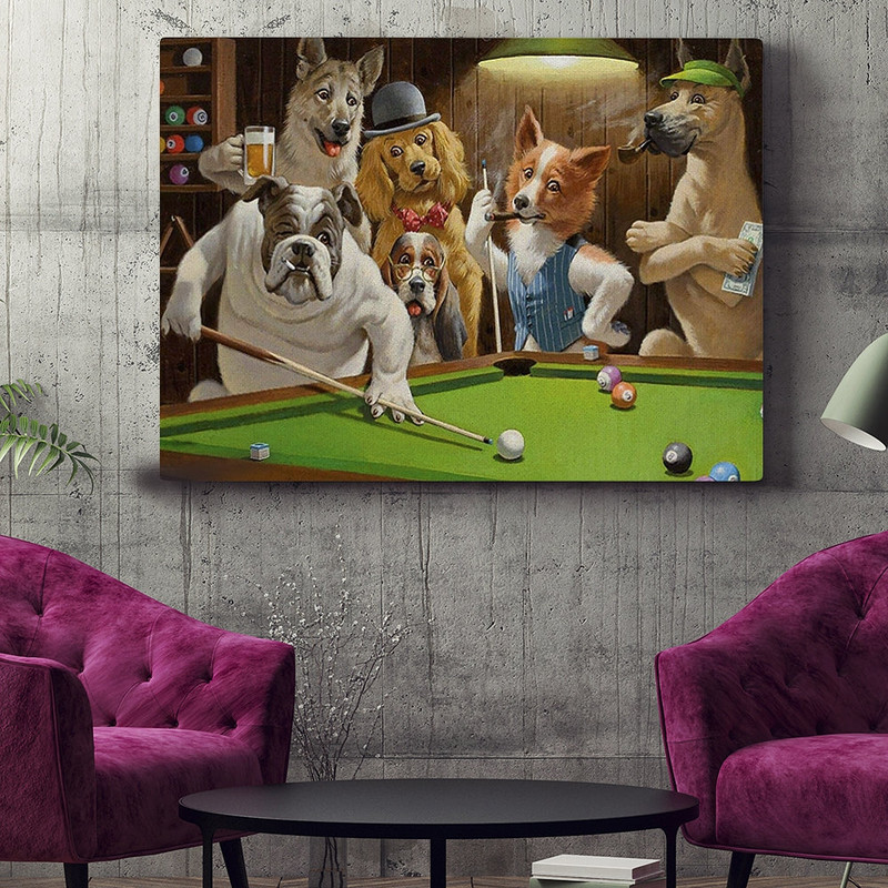Dog Landscape Canvas - Dogs Playing Pool - Canvas Print - Dog Wall Art Canvas - Dog Poster Printing - Furlidays.jpg