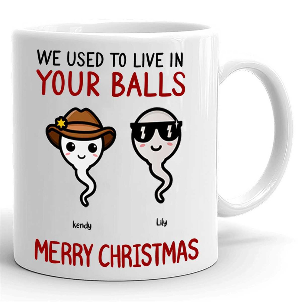 Personalized We Used To Live In Your Balls Merry Christmas Mug, Custom Kid Name Mug For Dad, Christmas Mug Gift For Fath.jpg