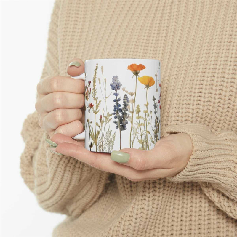 Pressed Flowers Mug, Boho Wildflowers Coffee Mug, Watercolor Floral Nature Mug, Flower Garden Lover Gift, Wildflowers Mu 1.jpg