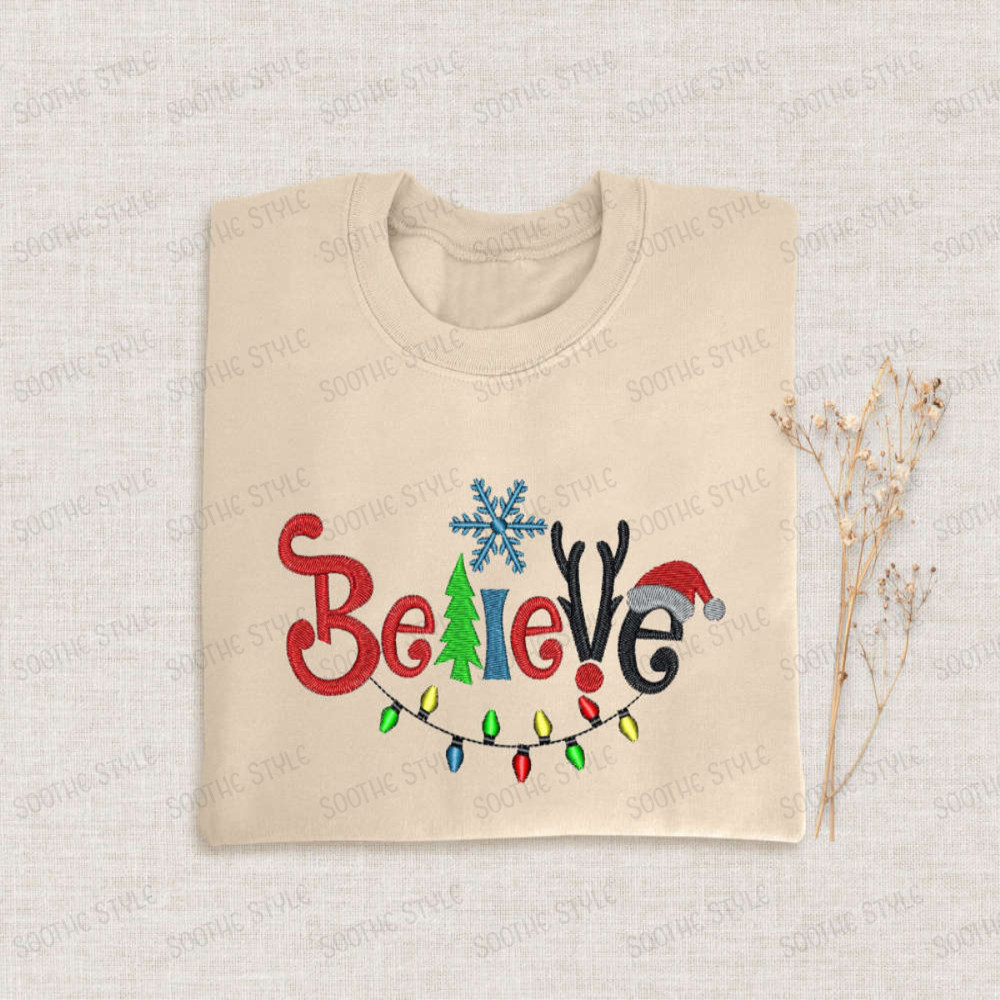 Believe Christmas Sweatshirt, Embroidered Believe Sweatshirt For Family.jpg