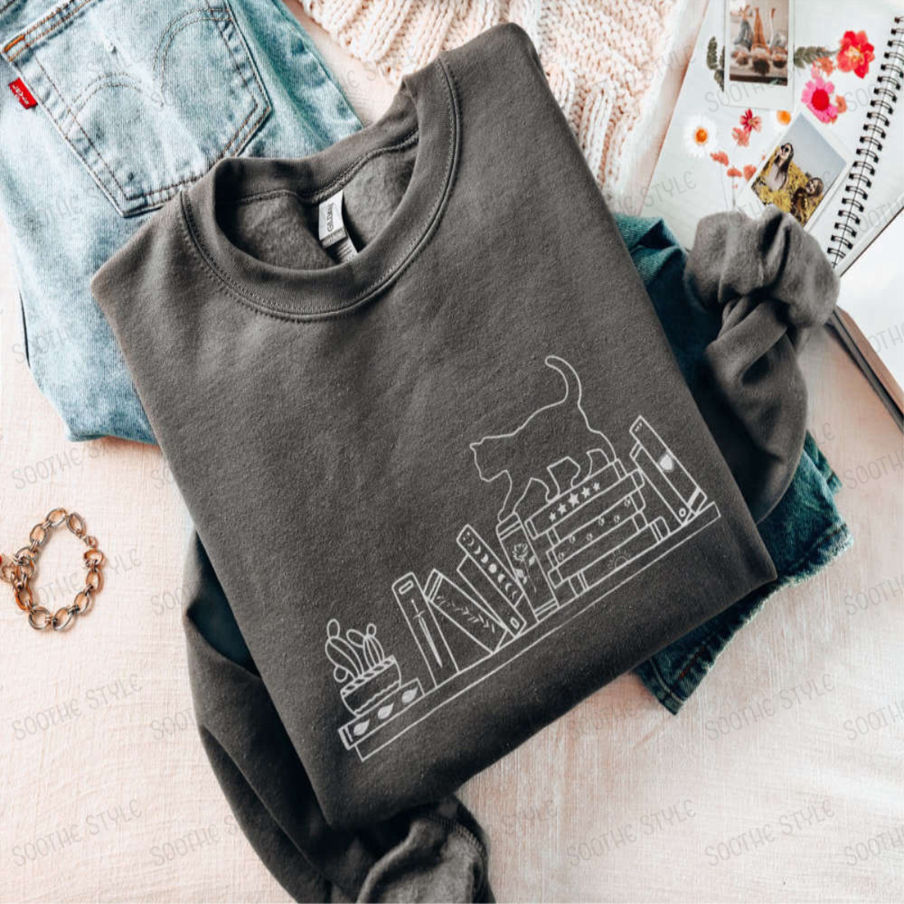 Book Sweatshirt Embroidered Sweater, Cat On Bookshelf Sweatshirt For Cat Lovers.jpg