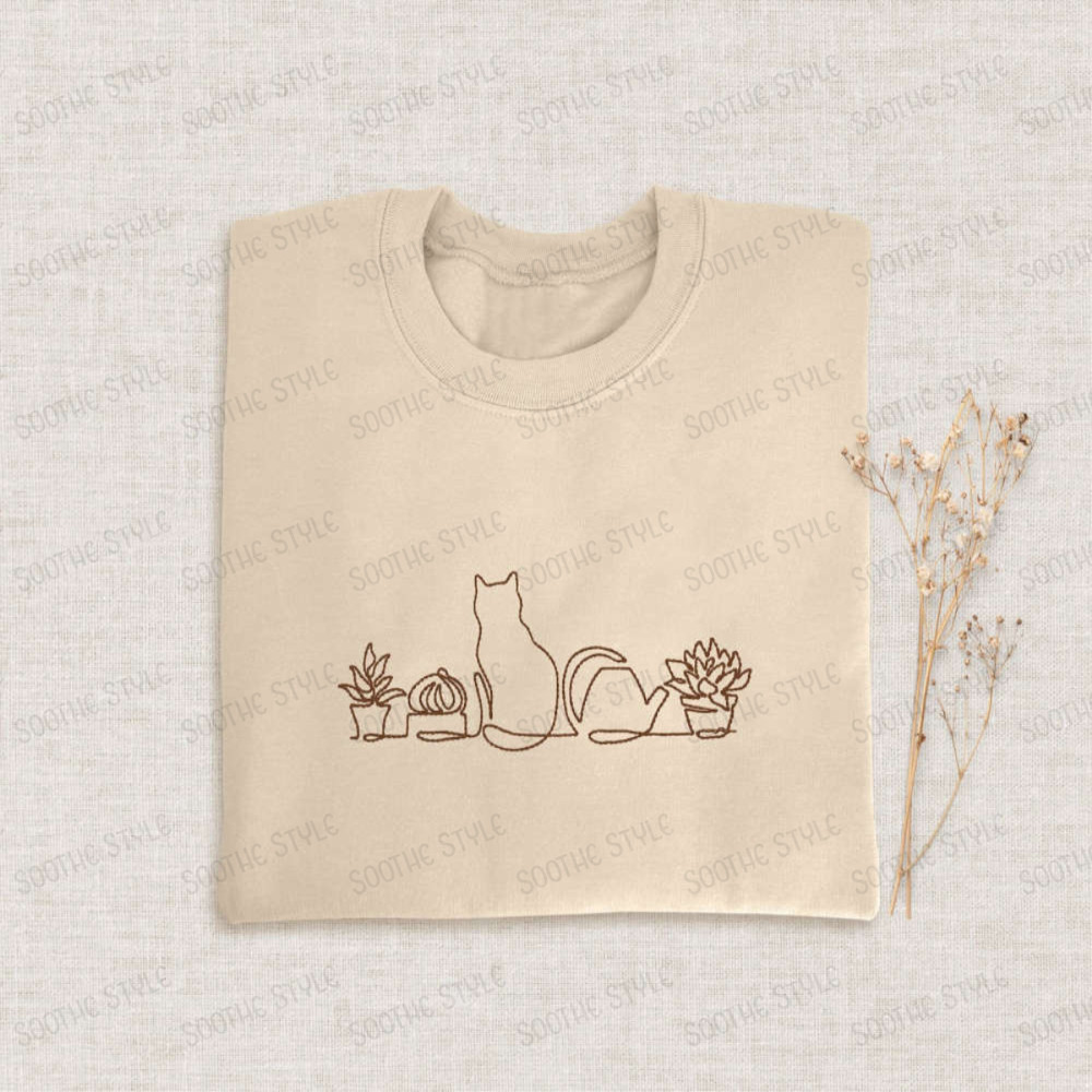 Cat And Plants Embroidered Sweatshirt 2D Crewneck Sweatshirt For Men And Women.jpg