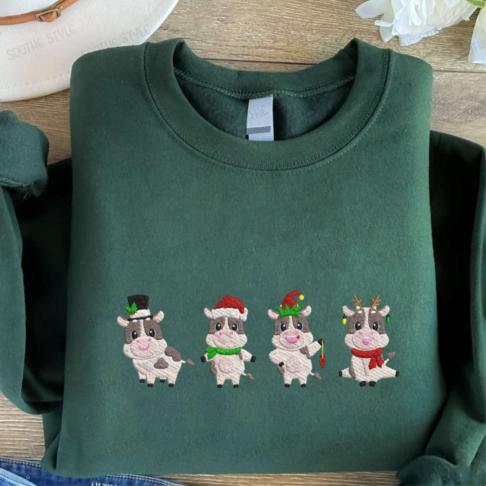 Christmas Cows Embroidered Sweatshirt, Cute Cows Embroidered Sweatshirt, For Christmas.jpg