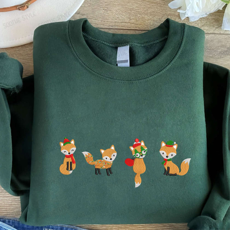 Christmas Foxes Embroidered Sweatshirt, Cute Fox Embroidered Sweatshirt For Family.jpg