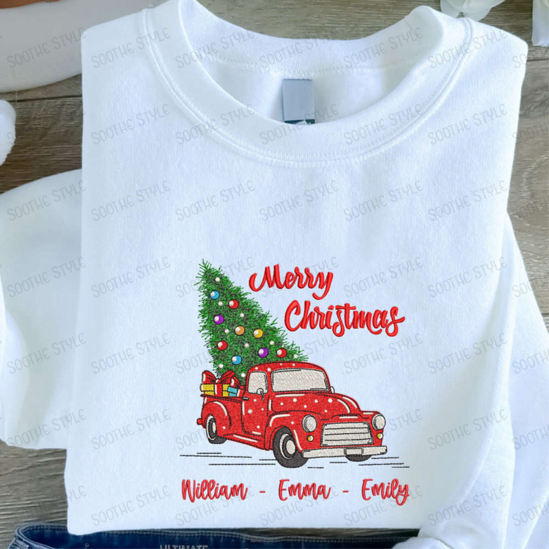Custom Embroidered Christmas Truck Sweatshirt, Embroidered Sweatshirt Gift For Family.jpg