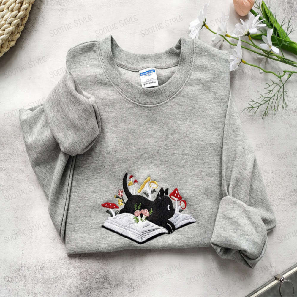Cute Black Cat Embroidered Sweatshirt 2D Crewneck Sweatshirt Gift For Family.jpg