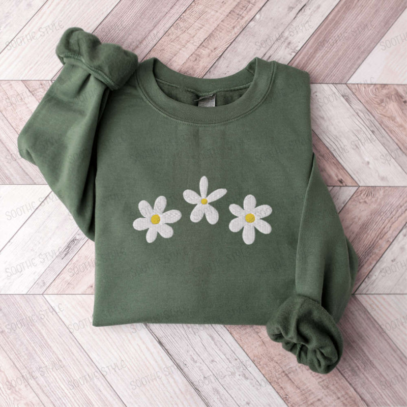Daisies Sweatshirt, Embroidered Daisies Crewneck Sweatshirt For Flower Lover.jpg