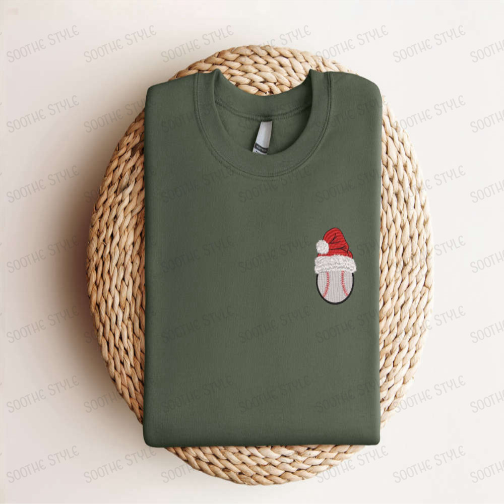 Embroidered Baseball Christmas Sweatshirt, Baseball Santa Hat Sweatshirt For Family.jpg