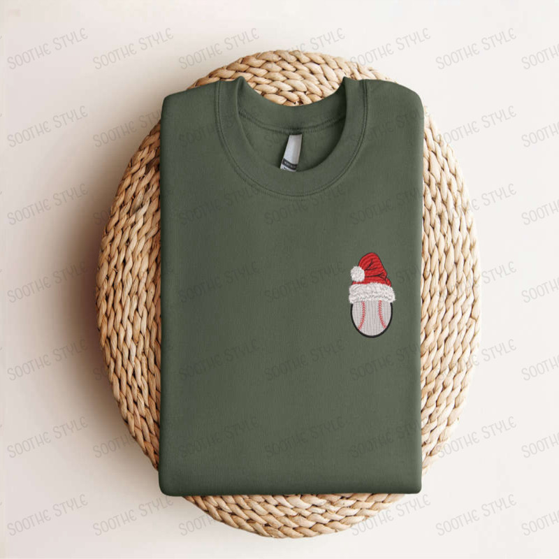 Embroidered Baseball Christmas Sweatshirt, Baseball Santa Hat Sweatshirt For Family.jpg