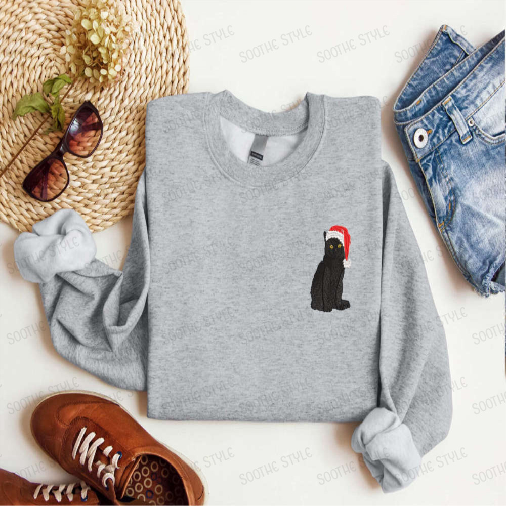 Embroidered Black Cat Santa Christmas Sweatshirt 2D Crewneck Sweater For Women.jpg