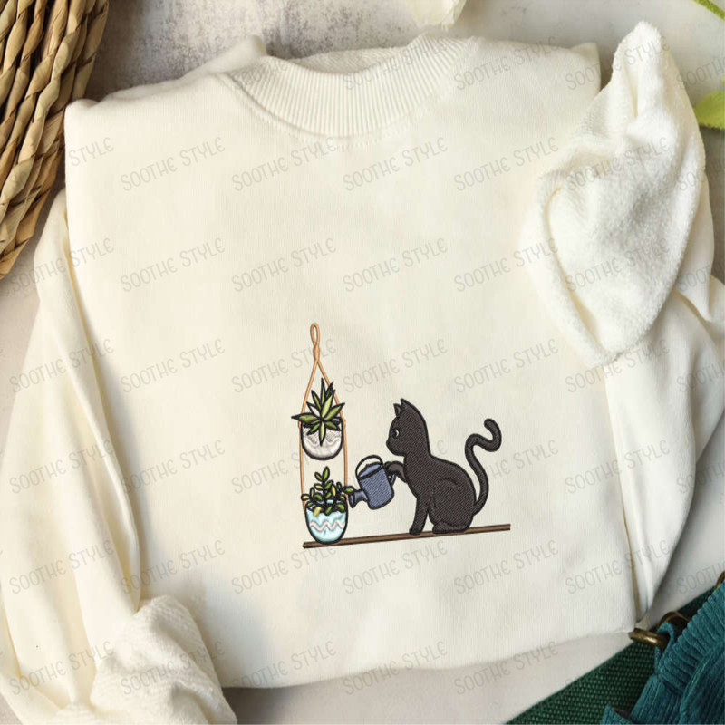 Embroidered Cat Watering Plants Sweater, Plants And Cat Embroidered Sweatshirt For Cat Lovers.jpg