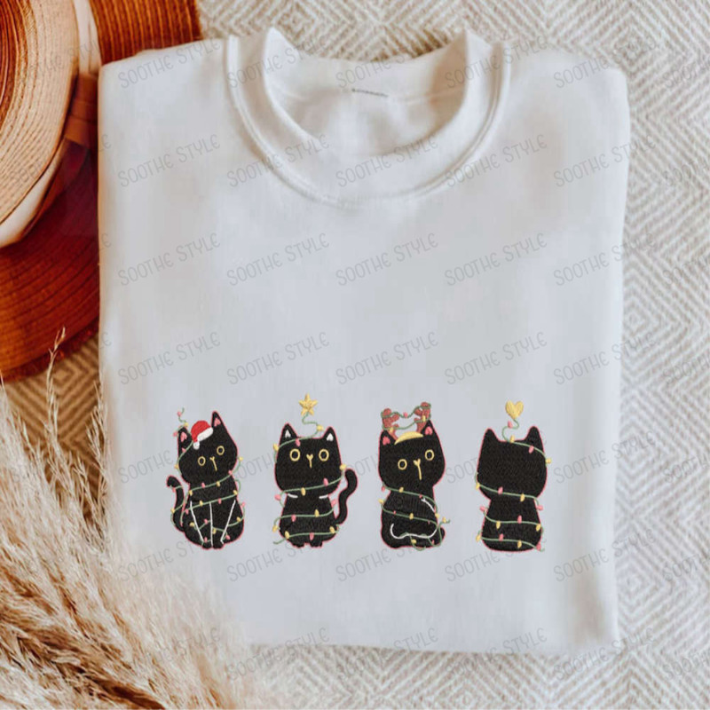 Embroidered Christmas Black Cat Sweatshirt, Meowy Christmas Shirt, For Cat Lovers.jpg