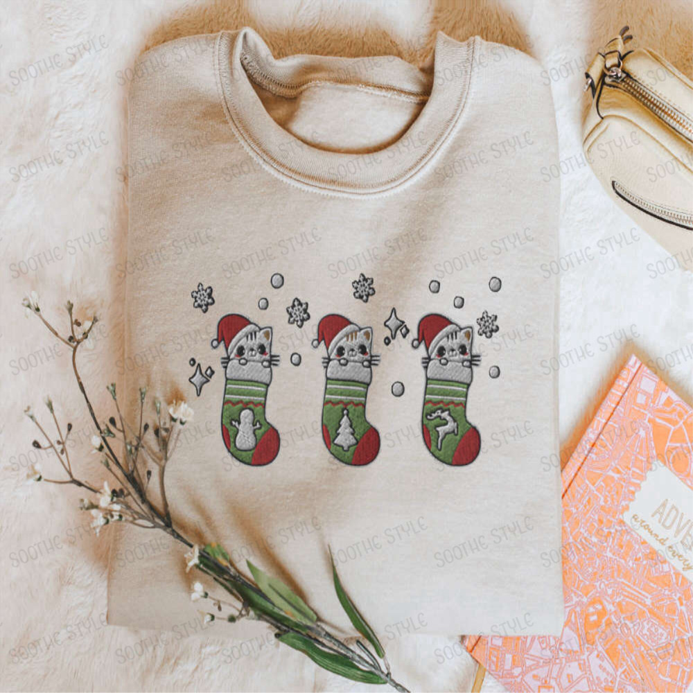 Embroidered Christmas Cat Stockings Sweatshirt, Gift For Cat Lover.jpg