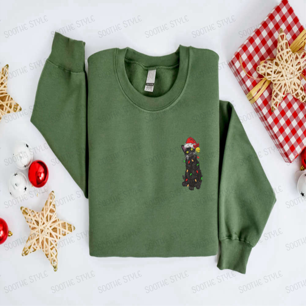 Embroidered Christmas Cat Sweatshirt, Black Cat Christmas Sweater For Christmas.jpg