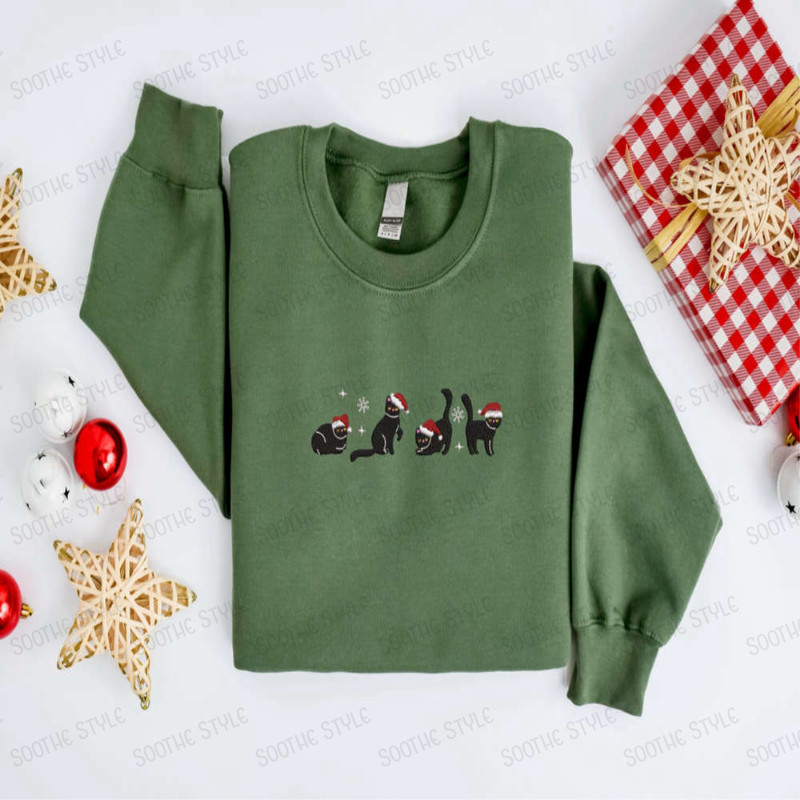 Embroidered Christmas Cat Sweatshirt, Black Cat Santa Christmas Sweatshirt For Family.jpg
