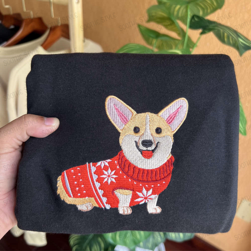 Embroidered Christmas Dog Sweatshirt Embroidered Corgi Dog Christmas Sweater For Family.jpg