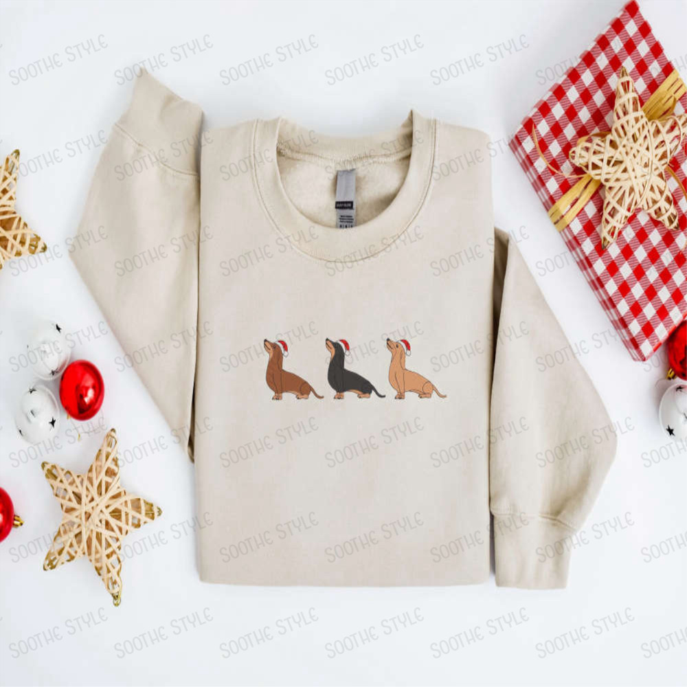 Embroidered Christmas Dog Sweatshirt, Dachshund Santa Dog Sweatshirt For Family.jpg